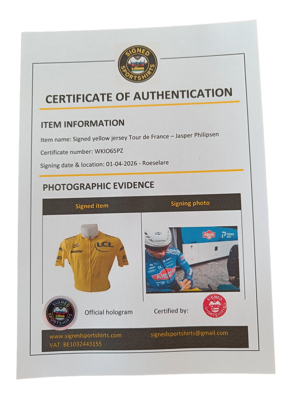 Signed yellow jersey Tour de France - Jasper Philipsen