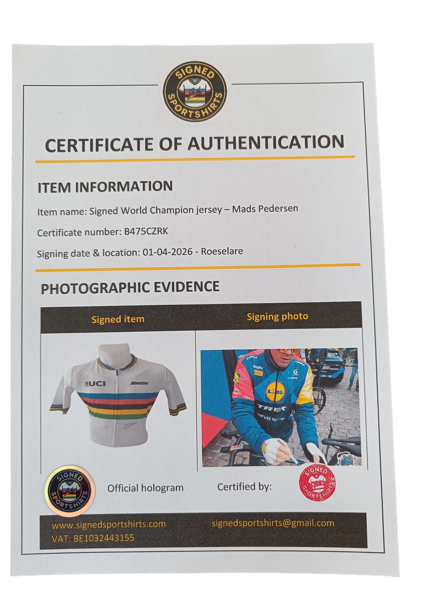 Signed world champion jersey - Mads Pedersen